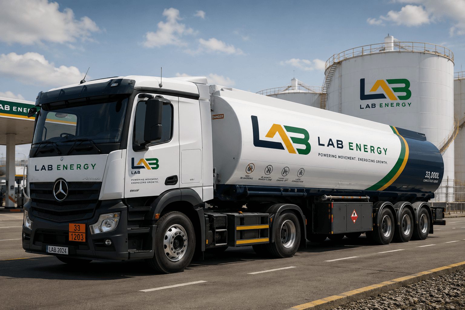 LAB Energy branded fuel tanker truck on the road